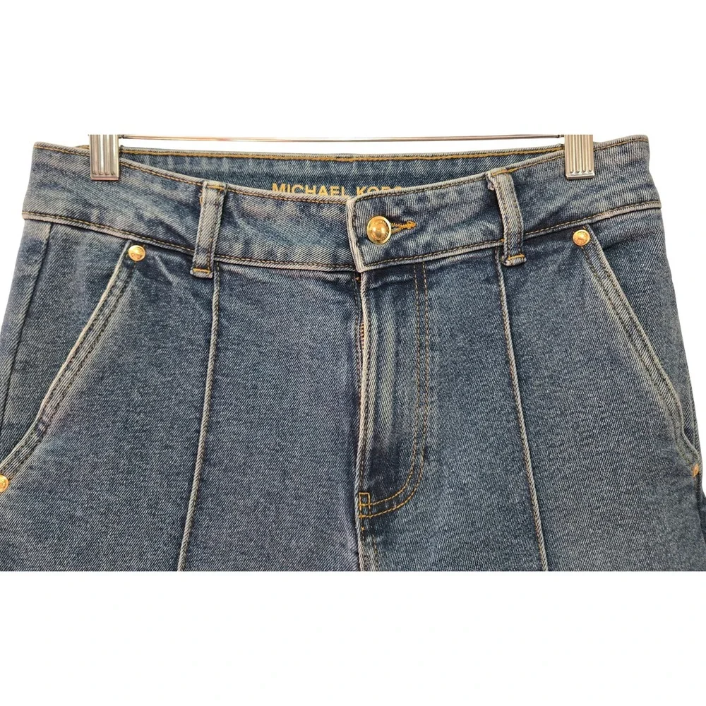 Michael Kors Women Chic Wide Leg Front Seam Medium Wash Jeans Sz 6 Gold Hardware